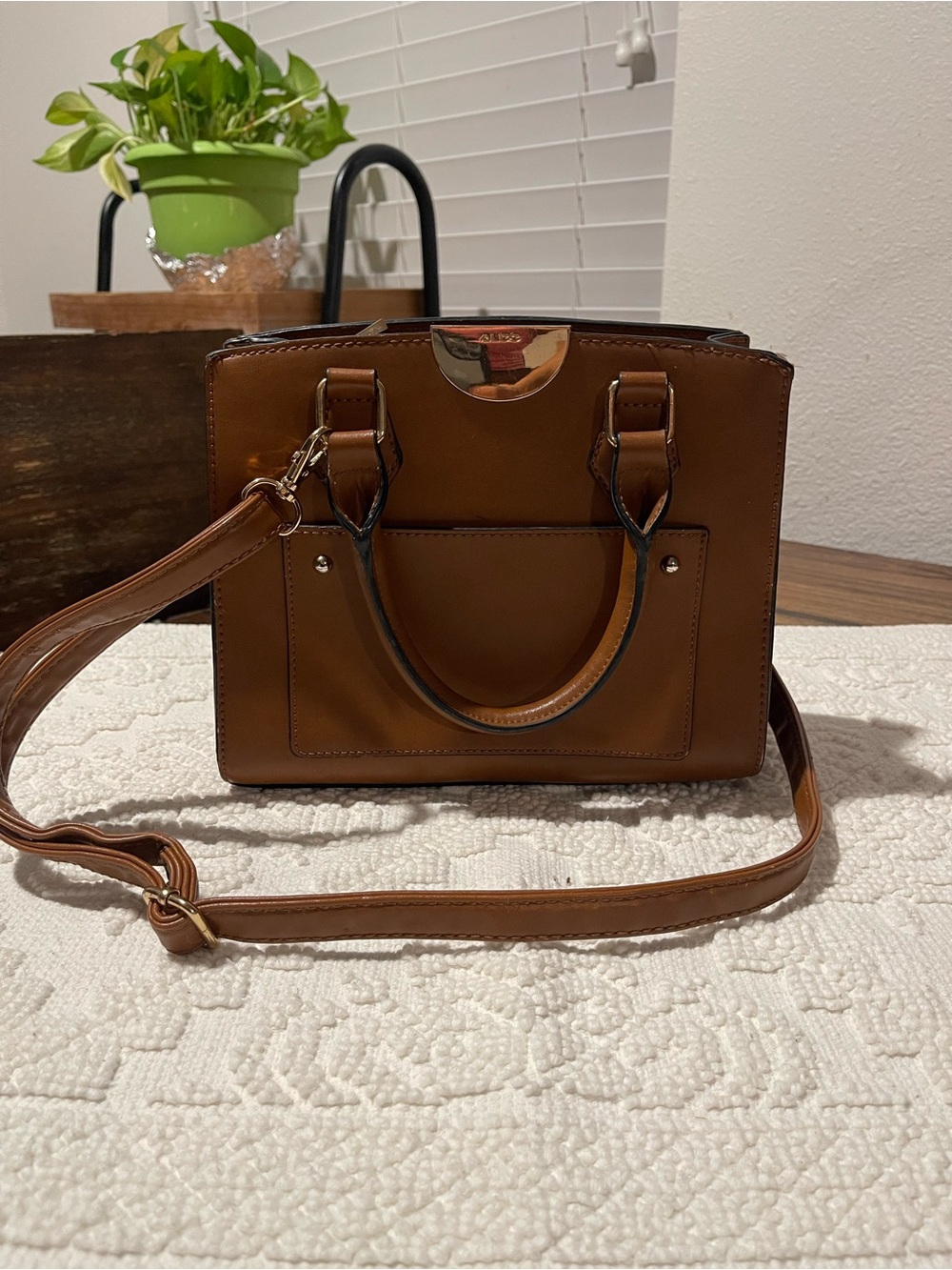 Aldo Brown Leather-Look Satchel with Removable Strap